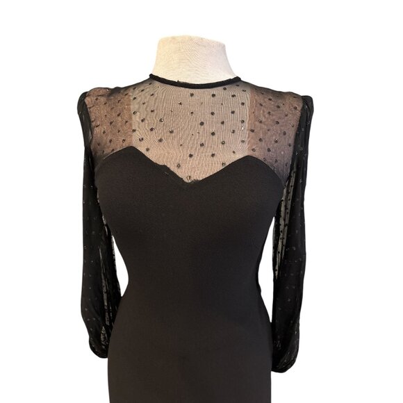 Vintage Black Midi Dress With Sheer Polka Dot Sleeves & Sweetheart Neckline - Picture 2 of 16